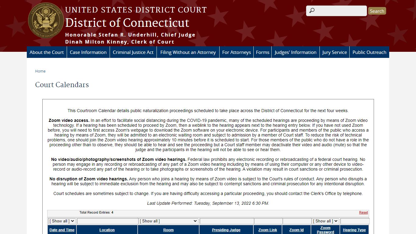 Court Calendars | District of Connecticut - United States Courts